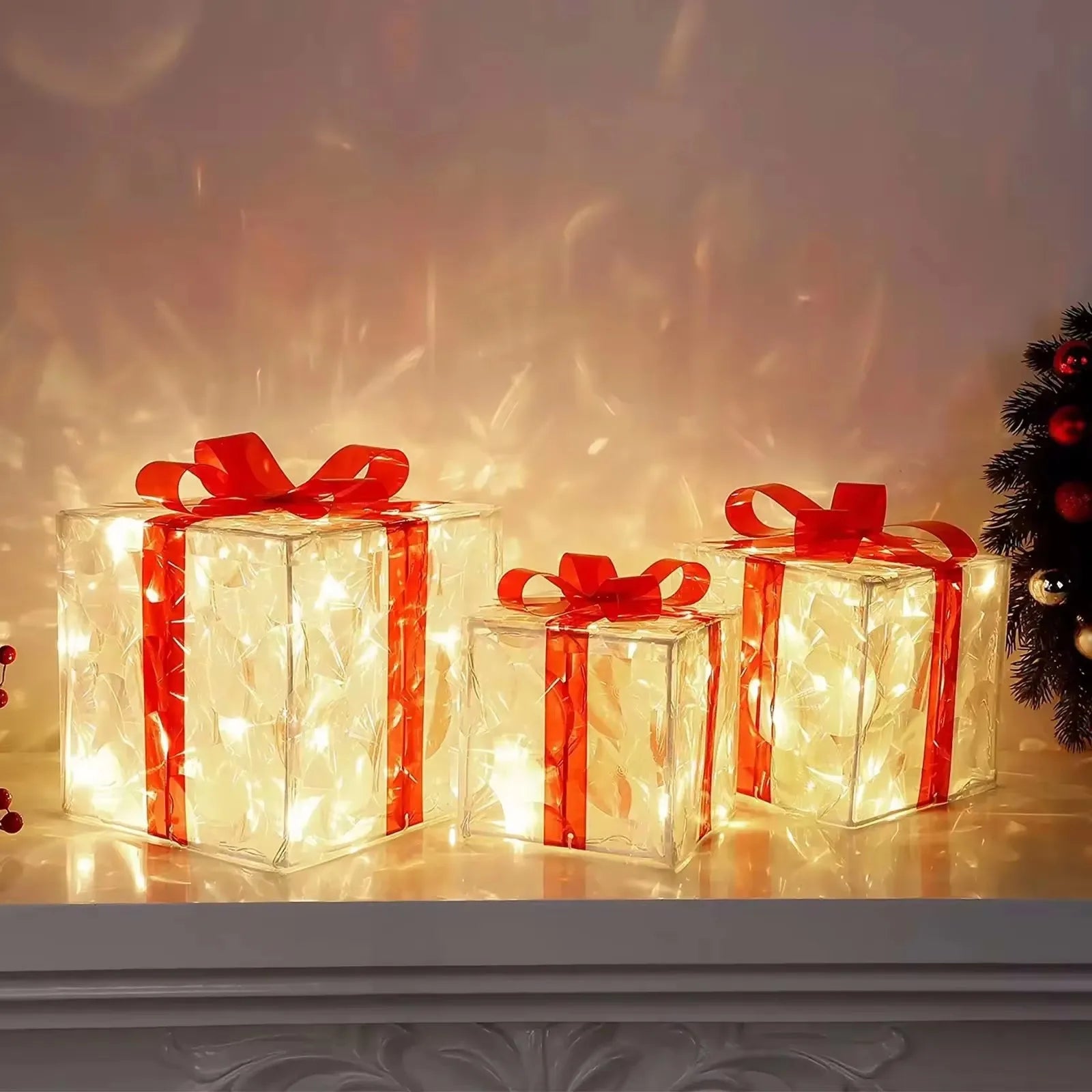 Christmas Glowing Gifts Box Decoration Ornament With Bow Lighting Box