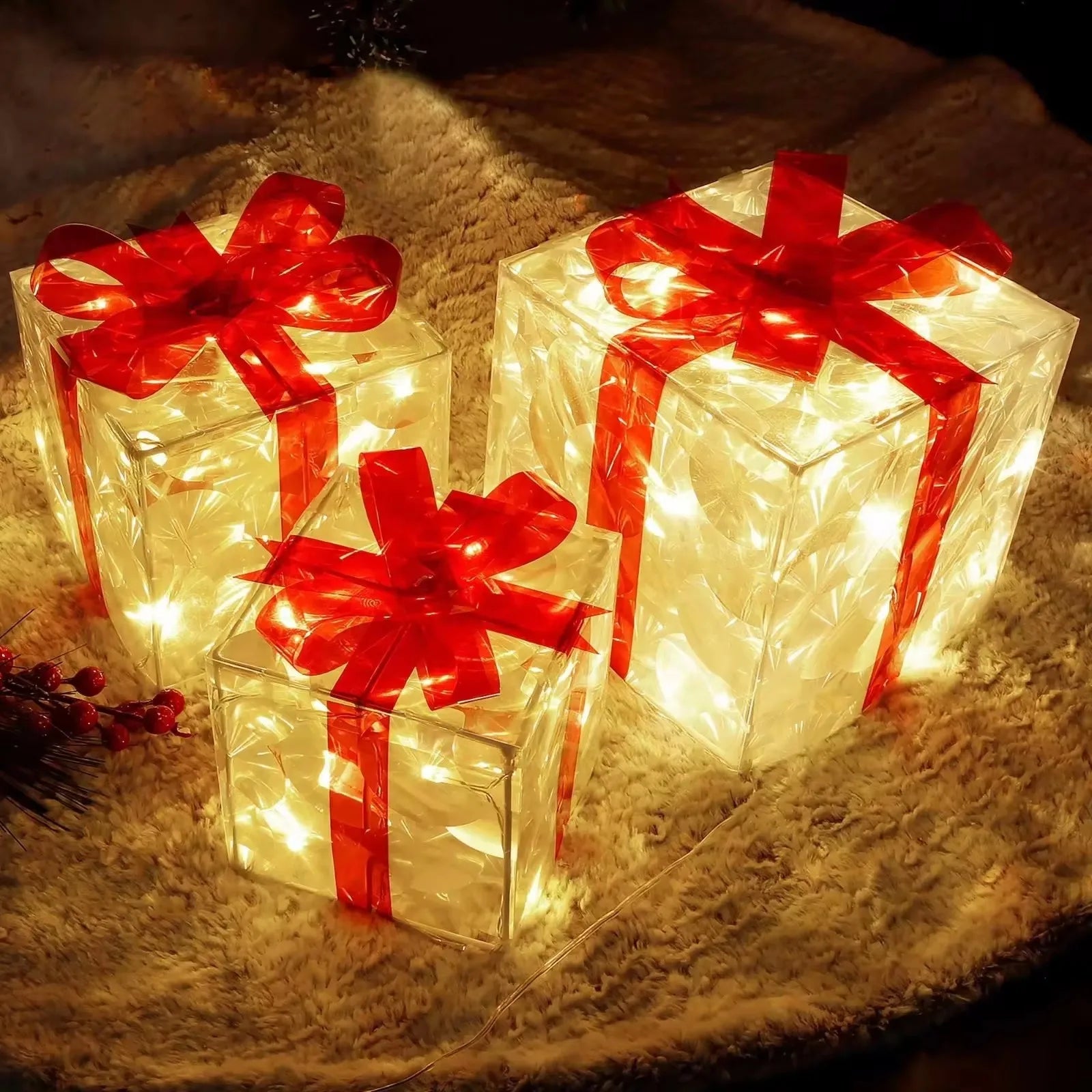 Christmas Glowing Gifts Box Decoration Ornament With Bow Lighting Box