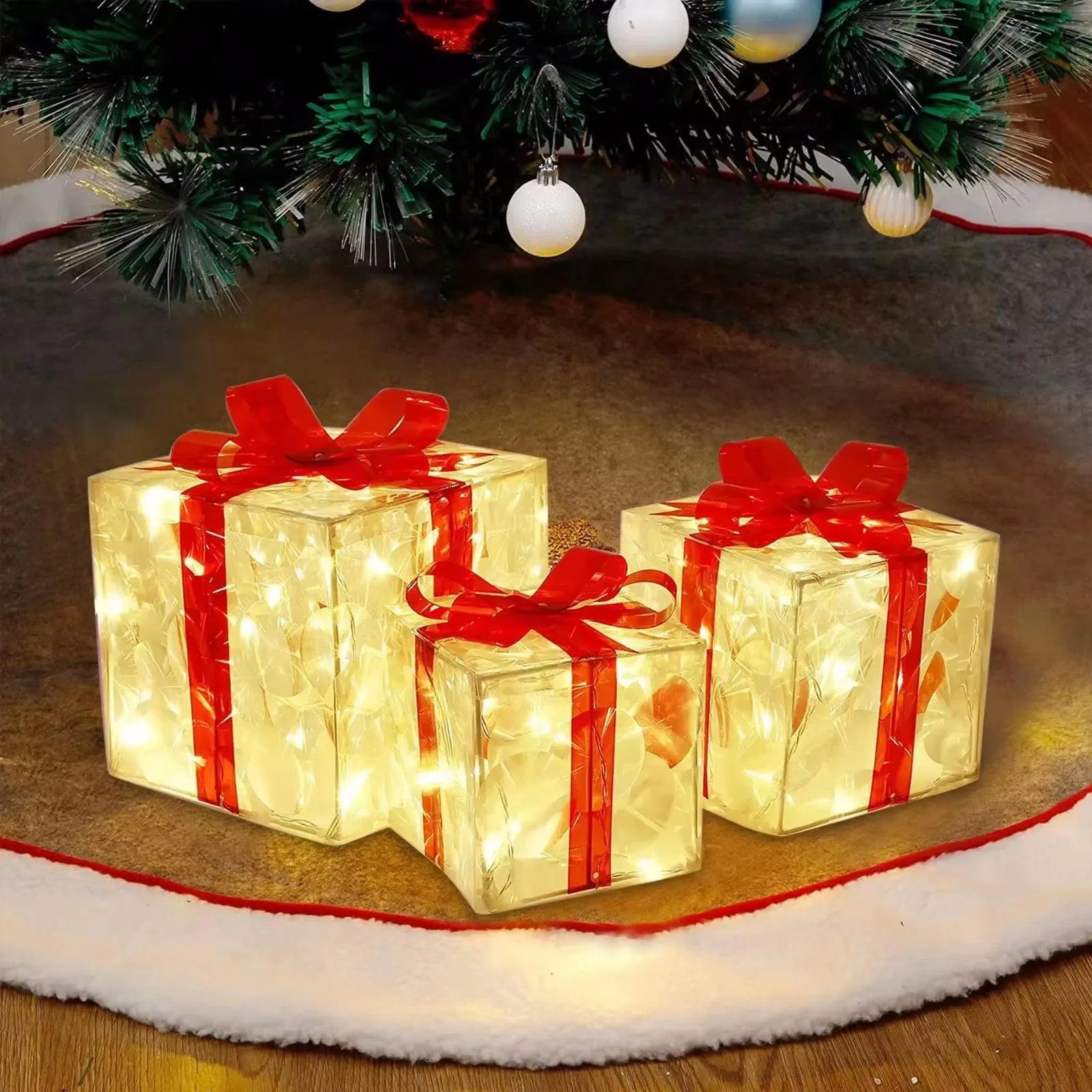Christmas Glowing Gifts Box Decoration Ornament With Bow Lighting Box
